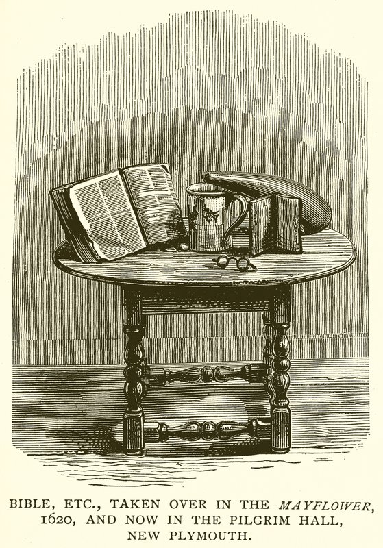 Biblia itp., przejęta w Mayflower, 1620, a teraz w Pilgrim Hall, New Plymouth autorstwa English School
