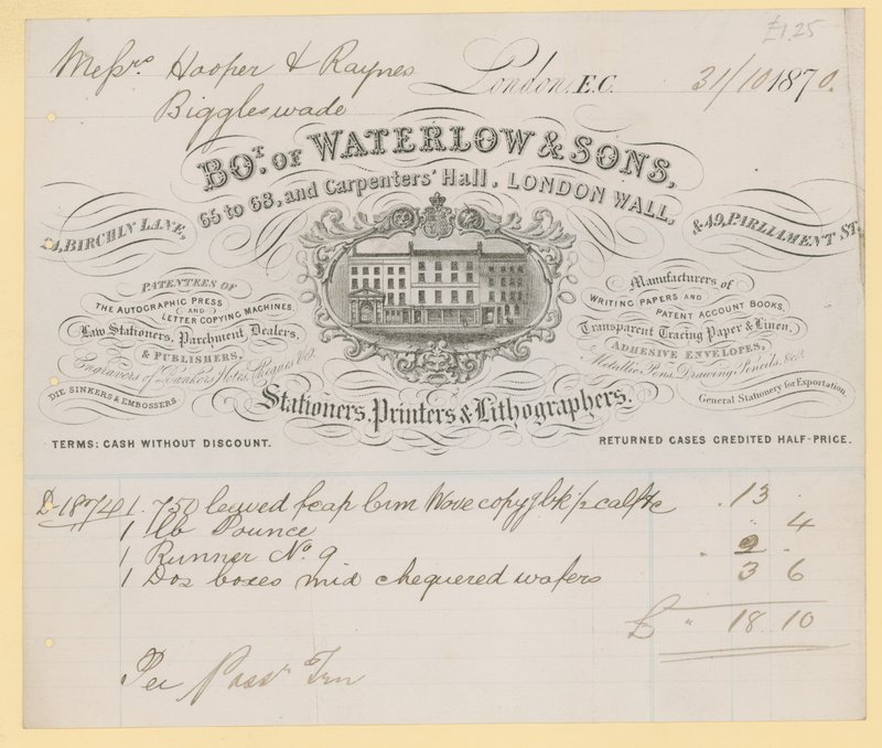 Bill z Waterlow and Sons, 66-68 Carpenters Hall, London Wall, artykuły papiernicze autorstwa English School