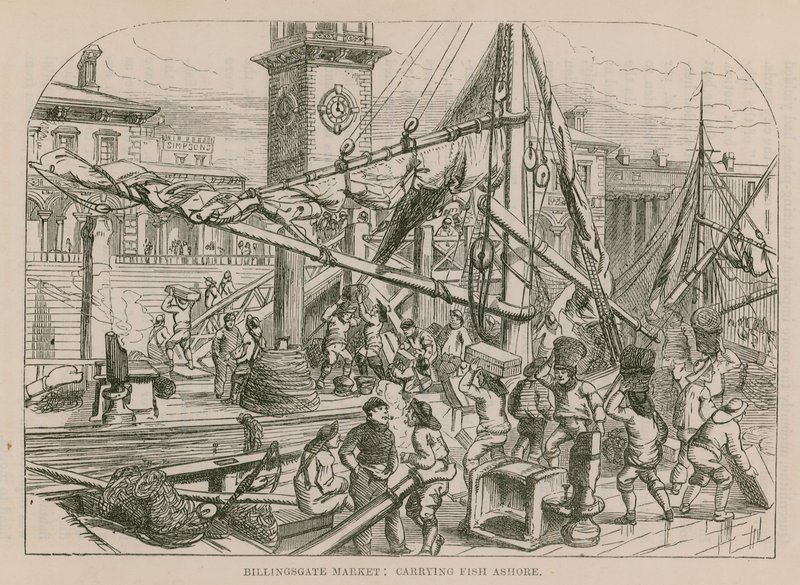 Targ Billingsgate, przewożenie ryb na ląd autorstwa English School