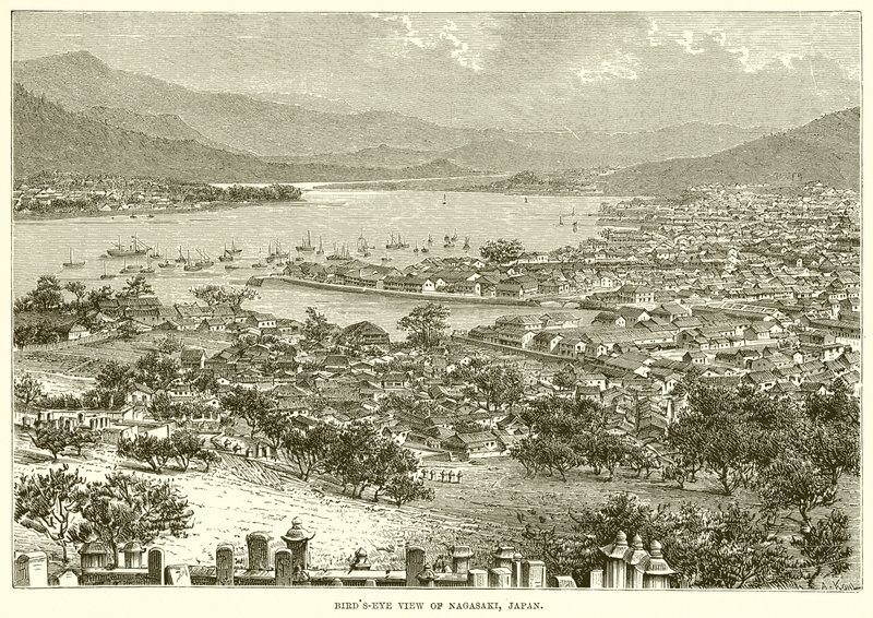 Widok z lotu ptaka na Nagasaki, Japonia autorstwa English School