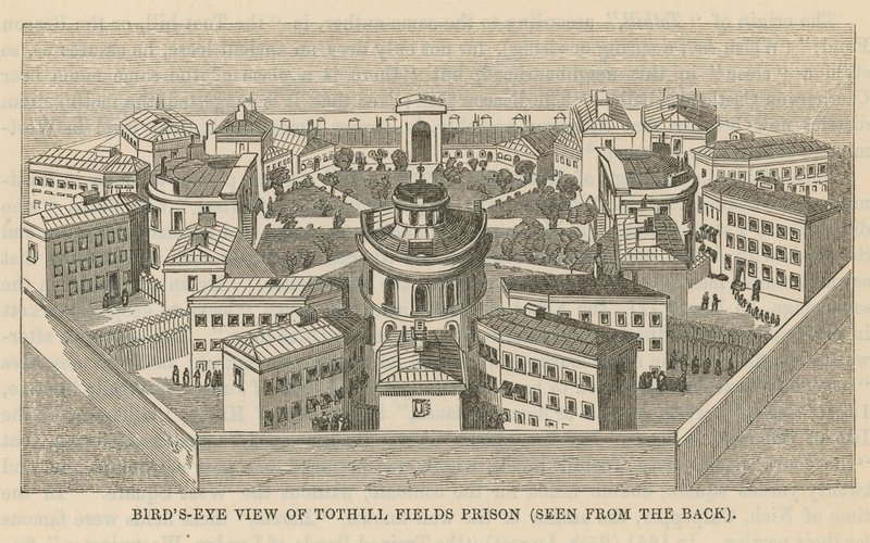 Widok z lotu ptaka na więzienie Tothill Fields autorstwa English School