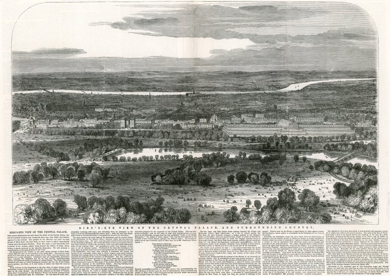 Widok z lotu ptaka na Kryształowy Pałac i okolicę, Wielka Wystawa, 1851 autorstwa English School