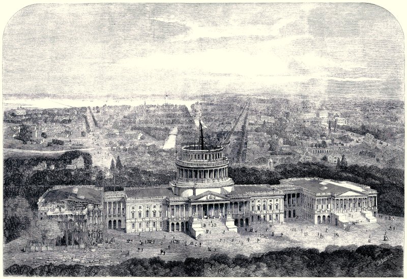 Widok z lotu ptaka na miasto Waszyngton 1861, z Kapitolem w budowie na pierwszym planie [Wersja oczyszczona cyfrowo] autorstwa English School