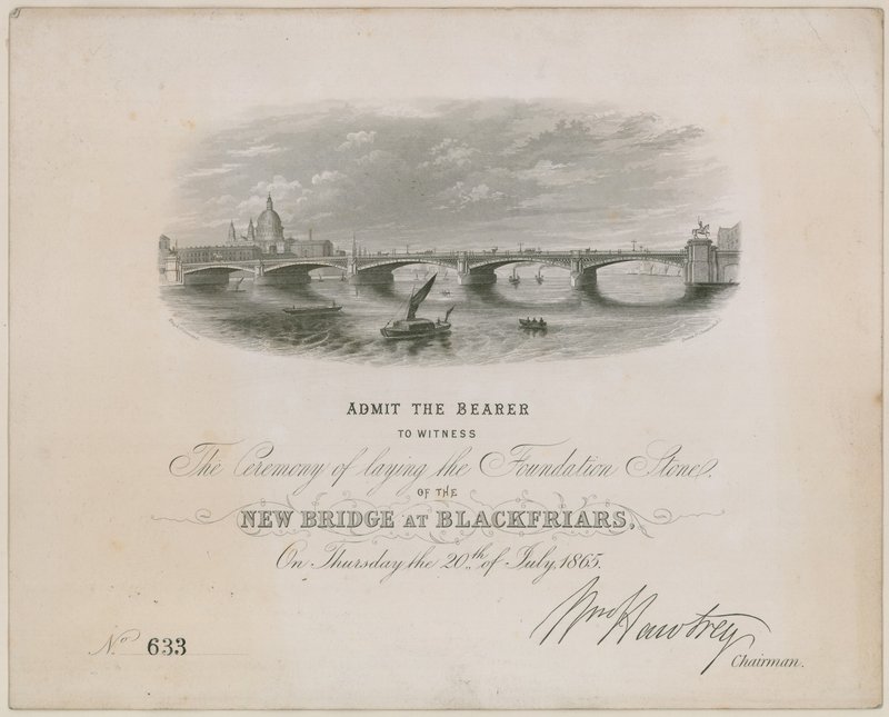 Most Blackfriars. Zaproszenie na uroczystość wmurowania kamienia węgielnego, 20 lipca 1865 r autorstwa English School