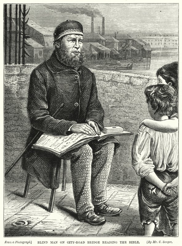Ślepiec na moście miejskim czyta Biblię (rycina) autorstwa English School