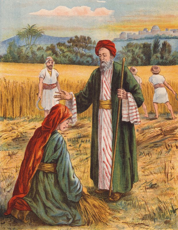 Boaz i Rut na polu żniwnym (kolorowa litografia) autorstwa English School