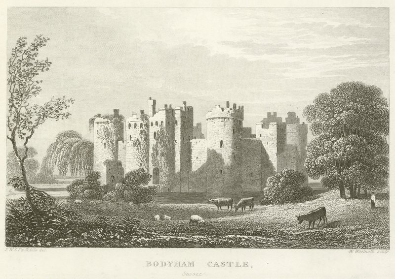 Zamek Bodyham, Sussex (grawerowanie) autorstwa English School