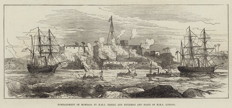 Bombardowanie Mombasy przez HMS Nassau i Rifleman and Boats of HMS London (rycina) autorstwa English School