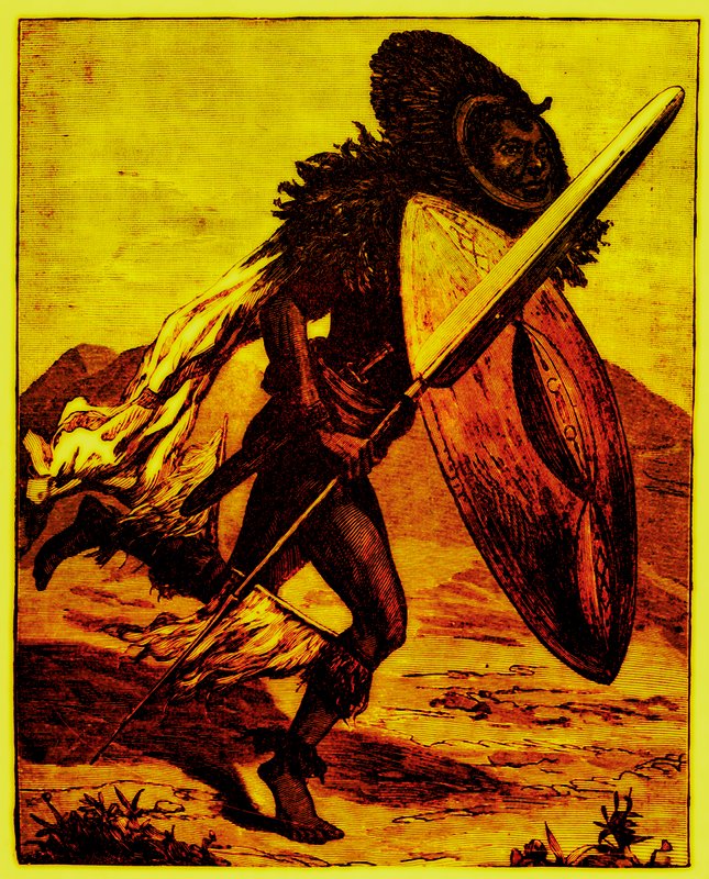 Wojownik bongo, ilustracja z The Story of Man autorstwa J. W. Buela, opublikowana w 1889 r. (obraz ulepszony cyfrowo) autorstwa English School