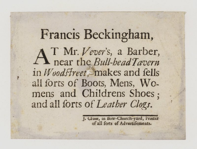 Boot and Shoemakers, Francis Beckingham, karta handlowa autorstwa English School