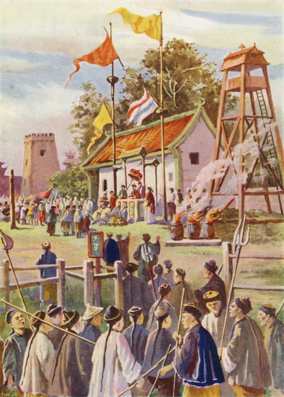 Bokserzy zapisujący się na posterunek wojskowy, Chiny autorstwa English School