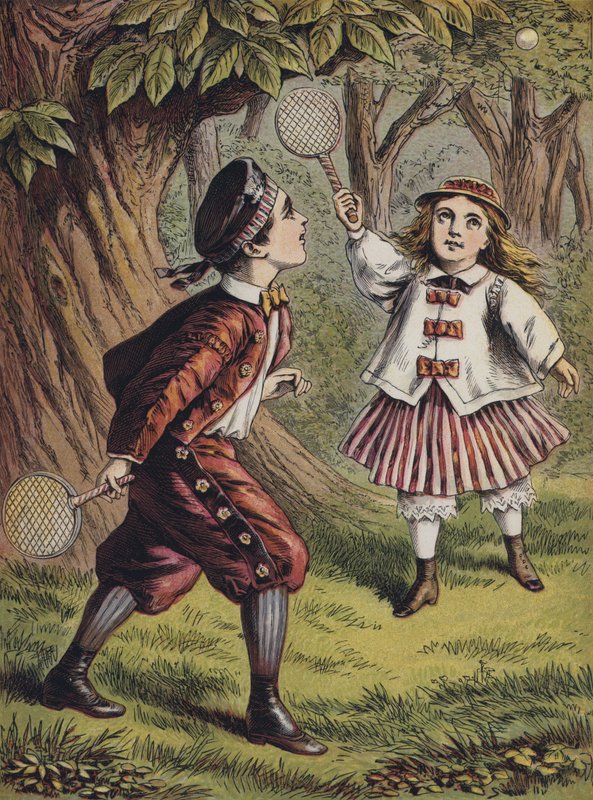 Chłopiec i dziewczynka bawiący się kijem i piłką (kolorowa litografia) autorstwa English School