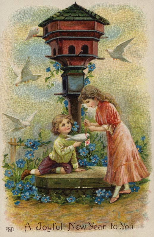 Chłopiec i dziewczynka wysyłający życzenia świąteczne przez gołębia (chromolitografia) autorstwa English School