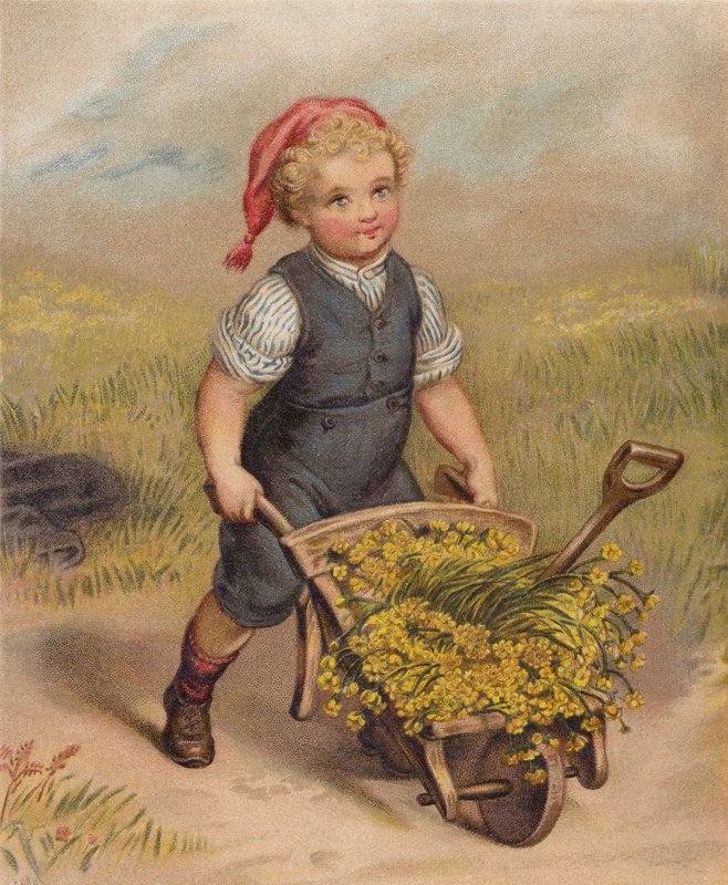 Chłopiec pchający taczkę pełną kwiatów (chromolitho) autorstwa English School