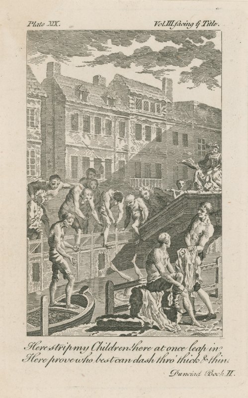 Chłopcy kąpiący się w rowie floty przy moście Bridewell w 1728 r. autorstwa English School