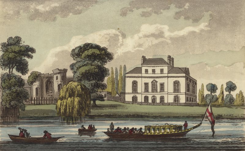 Dom Brandenburski, Hammersmith, Londyn, dom Karoliny z Brunszwiku, królowej Wielkiej Brytanii i żony króla Jerzego IV (kolorowy grawerunek) autorstwa English School
