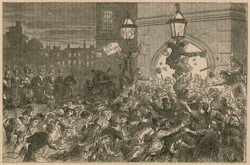 Zamieszki chlebowe przed wejściem do Izby Gmin, 1815 autorstwa English School