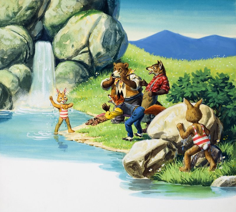 Brer Rabbit pływający (gwasz na papierze) autorstwa English School