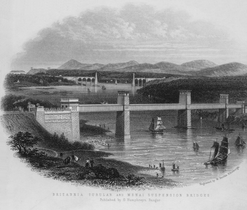 Britannia Tubular and Menai Suspension Bridges (grawerowanie) autorstwa English School