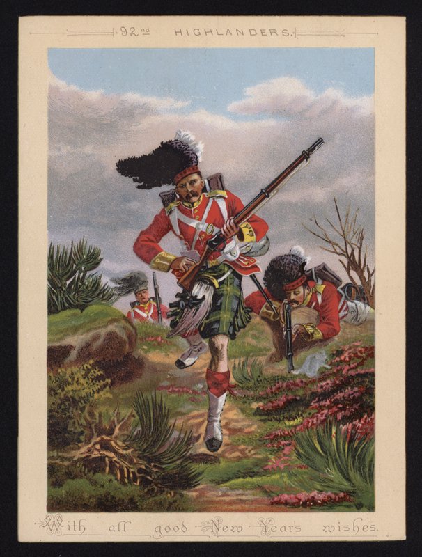 Żołnierze armii brytyjskiej z 92. pułku Highlanders, kartka z życzeniami noworocznymi (kolorowa litografia) autorstwa English School
