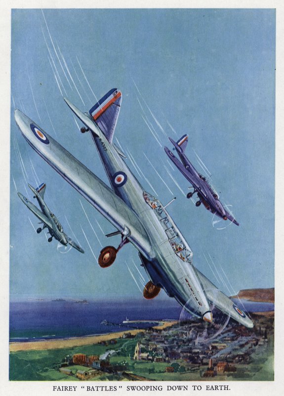 Lekkie bombowce brytyjskie Fairey Battle nurkujące w kierunku ziemi (kolor lito) autorstwa English School
