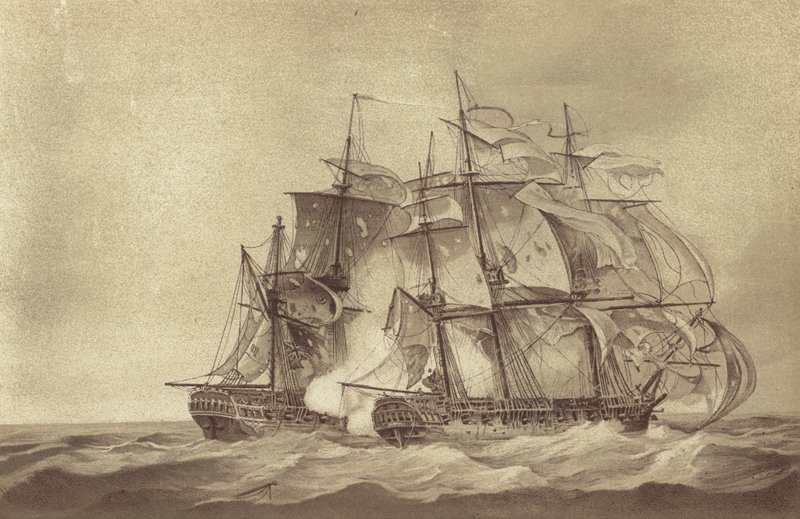 Brytyjska fregata HMS Santa Margarita dowodzona przez kapitana Thomasa Byama Martina, zdobywająca francuską fregatę Tamise, czerwiec 1796 (litos) autorstwa English School