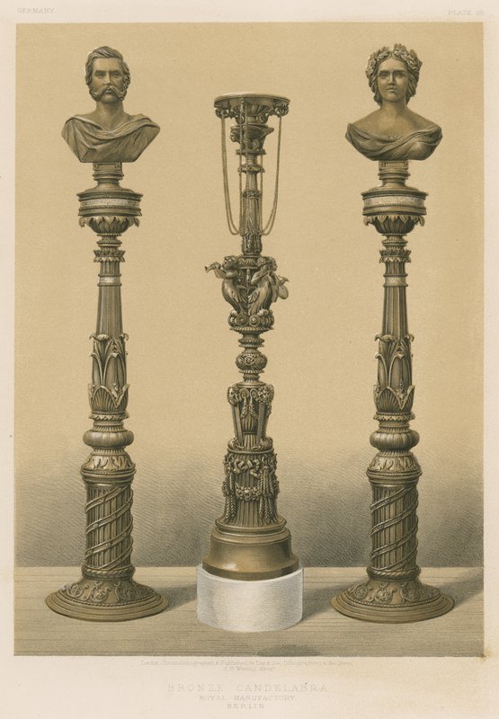 Kandelabr z brązu, Manufaktura Królewska, Berlin (chromolit) autorstwa English School