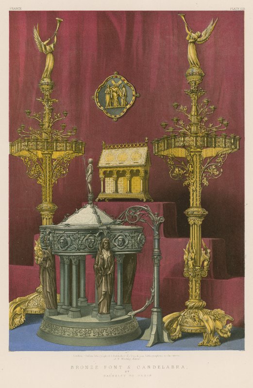 Brązowa chrzcielnica i kandelabr Bachelet z Paryża (chromolit) autorstwa English School