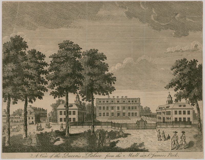 Buckingham House, widok na Pałac Queens z centrum handlowego w St James