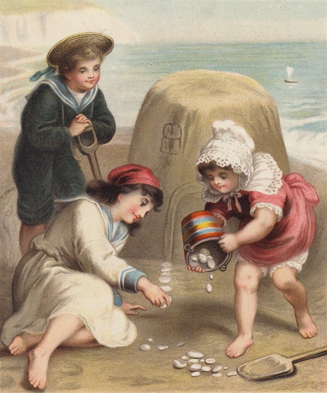 Budowanie zamku z piasku na plaży (chromolitho) autorstwa English School