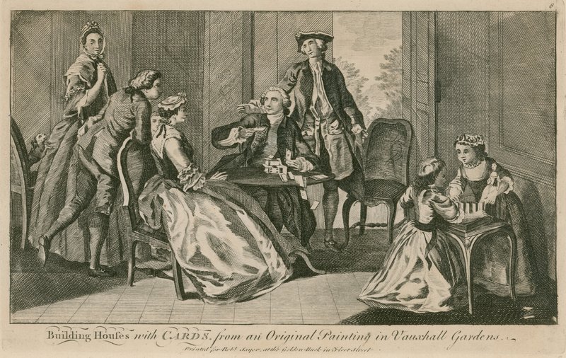 Budowanie domów z kart, z oryginalnego obrazu w Vauxhall Gardens w Londynie autorstwa English School