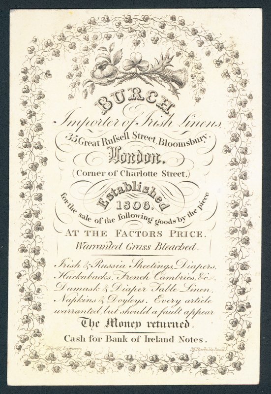 Burch, importer bielizny irlandzkiej, karta handlowa autorstwa English School