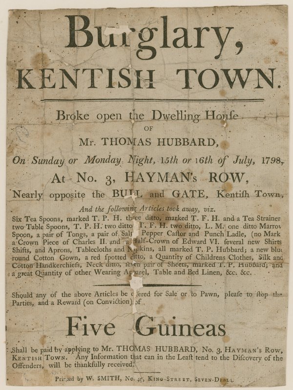 Włamanie w Kentish Town w 1798 roku. Nagroda £5 autorstwa English School