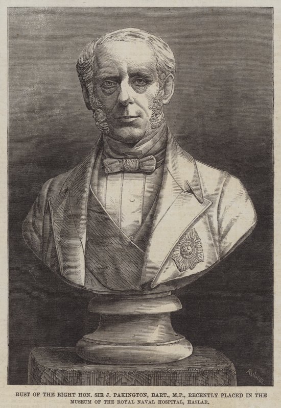 Popiersie szanownego sir J Pakingtona, baroneta, posła, niedawno umieszczone w Muzeum Królewskiego Szpitala Marynarki Wojennej w Haslar (rycina) autorstwa English School