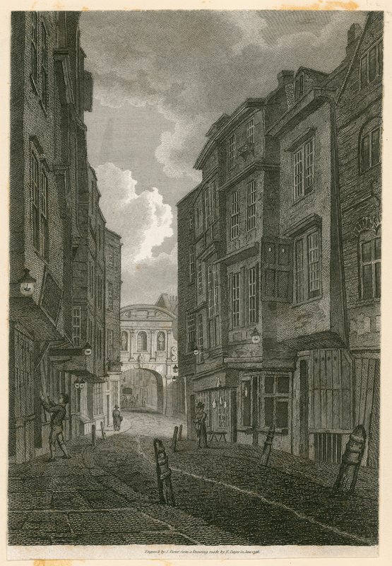 Butcher Row, patrząc z Temple Bar, na podstawie rysunku Edwarda Dayesa, 9 czerwca 1796 autorstwa English School
