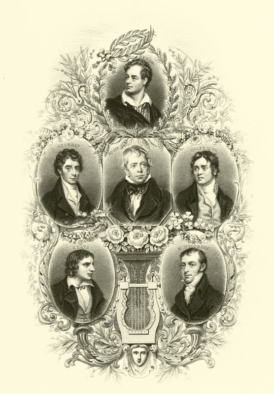 Byron, Southey, Scott, Coleridge, Keats, Montgomery autorstwa English School
