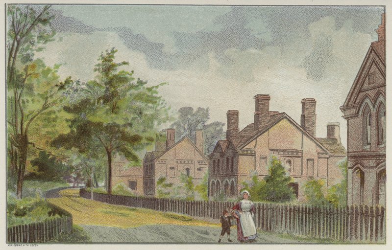 Domki robotnicze Cadbury i droga wiejska, Bournville, Birmingham (chromolitho) autorstwa English School
