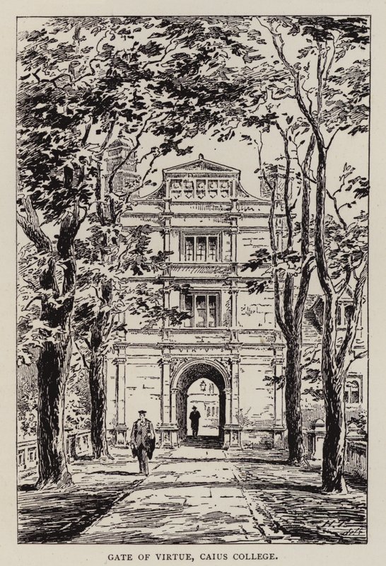 Cambridge: Brama Cnoty, Caius College (akwaforta) autorstwa English School