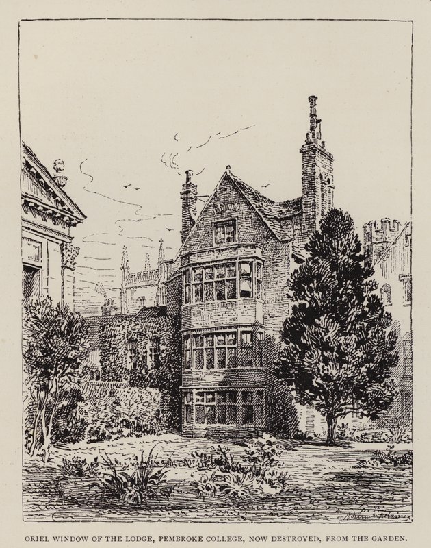 Cambridge: Oriel Window of the Lodge, Pembroke College, obecnie zniszczone, z ogrodu (akwaforta) autorstwa English School