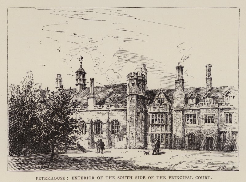 Cambridge: Peterhouse, Zewnętrzna część południowej strony głównego sądu (akwaforta) autorstwa English School