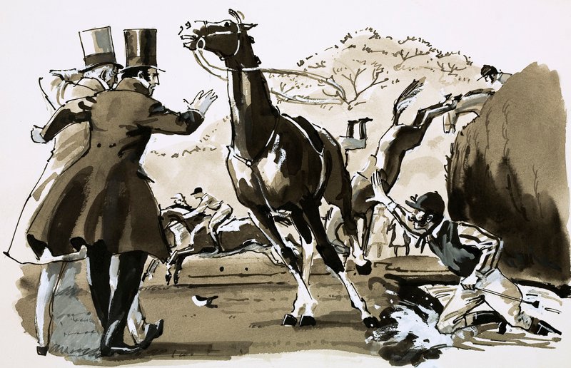 Kapitan Becher, rzucony na płot podczas Grand National (gwasz na papierze) autorstwa English School