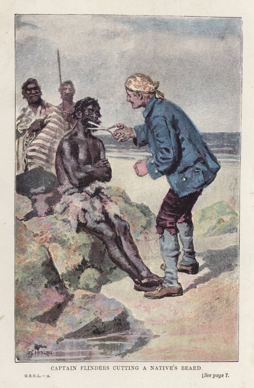 Kapitan Flinders przycina brodę tubylca (kolor lito) autorstwa English School