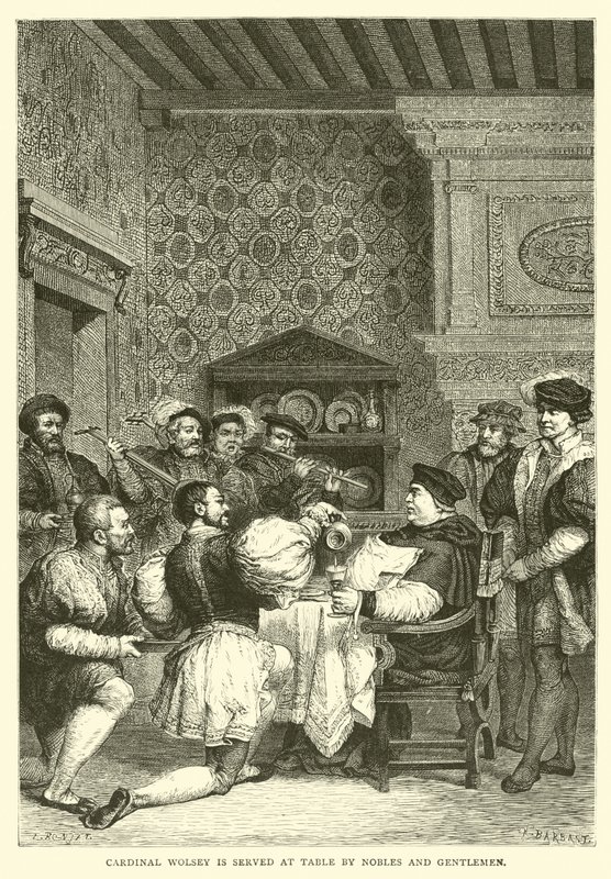 Kardynał Wolsey jest serwowany przy stole przez szlachtę i dżentelmenów autorstwa English School