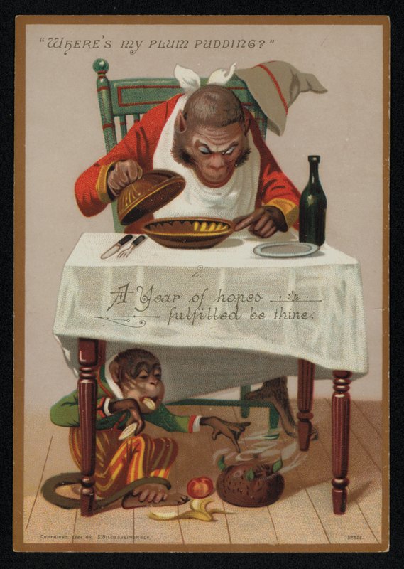 Kreskówka małp i pudding śliwkowy, kartka z życzeniami noworocznymi. (chromolit) autorstwa English School