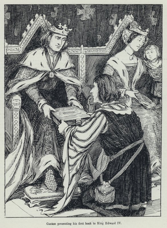 Caxton przedstawia swoją pierwszą książkę królowi Edwardowi IV (lito) autorstwa English School