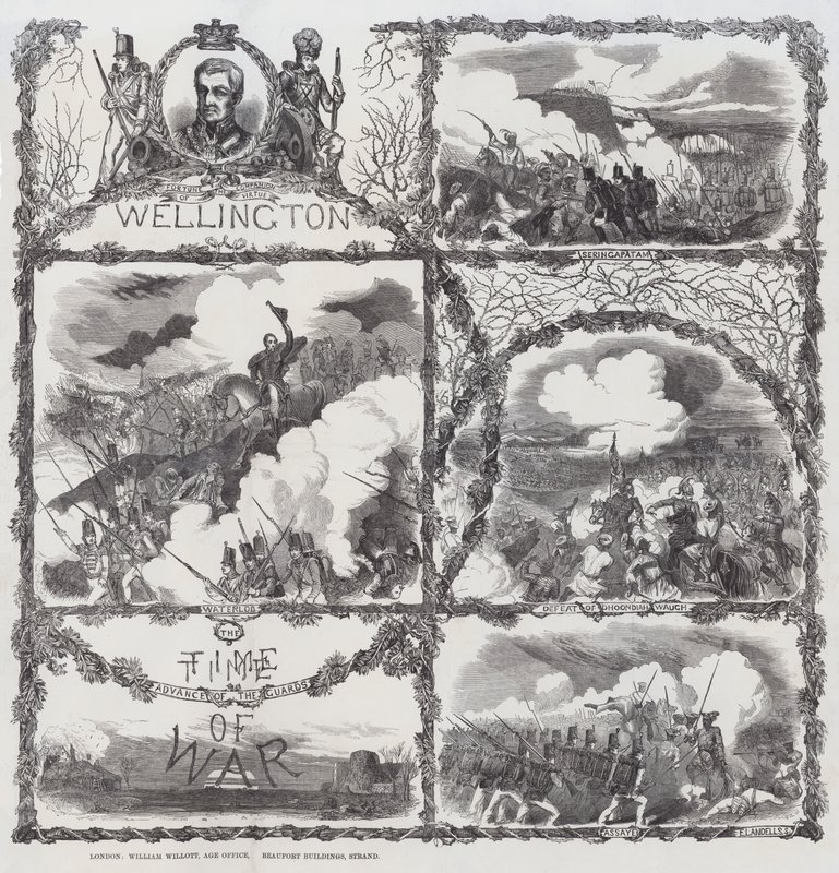 Świętowanie zwycięstw księcia Wellingtona w oblężeniu Seringapatam (1799), klęski pod Dhondia Wagh (1800), bitwy pod Assaye (1803) i bitwy pod Waterloo (1815) (rycina) autorstwa English School