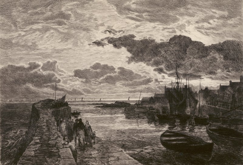 Port Cellardyke, wytrawiony przez Chauvela, według Sama Bougha (litografia) autorstwa English School
