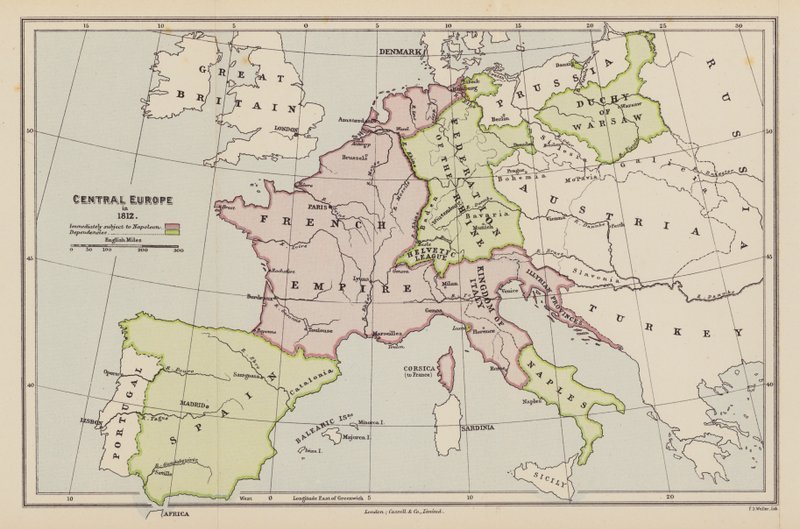 Europa Środkowa w 1812 roku (kolorowa litografia) autorstwa English School