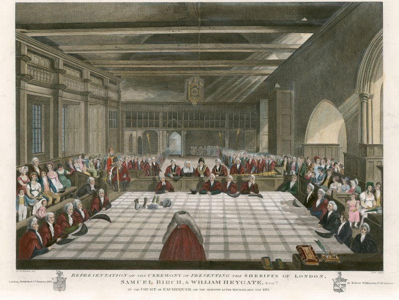 Ceremonia wręczenia szeryfom Londynu Samuelowi Birchowi i Williamowi Heygate w sądzie skarbowym, jutro po dniu Michaelmas, 1811 autorstwa English School