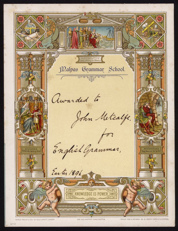Certyfikat gramatyki języka angielskiego przyznawany uczniowi Malpas Grammar School, Cheshire autorstwa English School